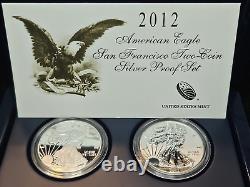 Ensemble de 2 pièces en argent American Eagle 2012 de la Monnaie des États-Unis de San Francisco, boîte d'origine avec certificat d'authenticité.
