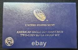 Ensemble de 2 pièces en argent American Eagle 2012 de la Monnaie des États-Unis de San Francisco, boîte d'origine avec certificat d'authenticité.