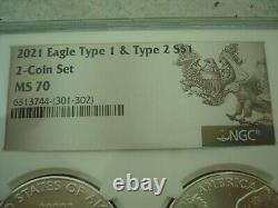 Ensemble de 2 pièces en argent Eagle 2021 de 1 $, Type 1 et Type 2, CERTIFIÉ NGC MS70