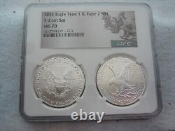 Ensemble de 2 pièces en argent Eagle 2021 de 1 $, Type 1 et Type 2, CERTIFIÉ NGC MS70