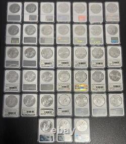 Ensemble de 38 pièces d'American Silver Eagle 1986-2023 notées NGC MS69 ASE