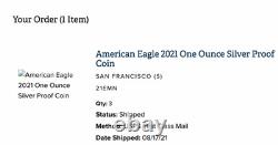 Ensemble de 3 American Eagle 2021 en argent d'une once épreuve (S) San Francisco 21EMN