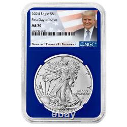 Ensemble de 3 pièces 2024 American Silver Eagle 1 $ NGC MS70 FDI Étiquette Trump Rouge Blanc Bleu