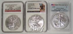 Ensemble de (3) pièces American Silver Eagle 2011, 2016 et 2021 NGC & PCGS MS69