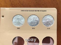 Ensemble de 3 pièces American Silver Eagle 2021, 2022, 2023 avec Dansco7182 vierge - Tout neuf
