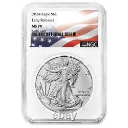 Ensemble de 3 pièces American Silver Eagle 2024 1 $ NGC MS70 ER étiquette drapeau rouge blanc bleu