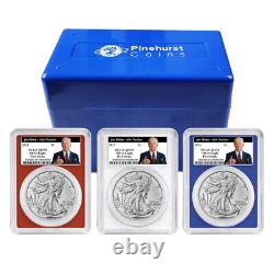 Ensemble de 3 pièces d'aigle d'argent américain de 2023 $1 PCGS MS70 FS avec étiquette Biden 46e, rouge et blanc.