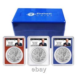 Ensemble de 3 pièces d'aigle d'argent américain de 2023 $1 PCGS MS70 FS avec étiquette Biden 46e, rouge et blanc.