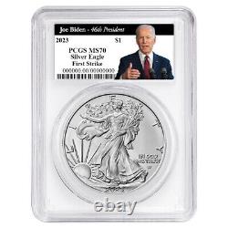 Ensemble de 3 pièces d'aigle d'argent américain de 2023 $1 PCGS MS70 FS avec étiquette Biden 46e, rouge et blanc.