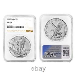 Ensemble de 3 pièces de l'Aigle d'Argent Américain 2025 1 $ NGC MS70 Étiquette Marron Rouge Blanc Bleu