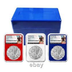 Ensemble de 3 pièces de l'Aigle en Argent Américain 2024 $1 NGC MS70 FDI Étiquette Noire Rouge Blanc Bleu
