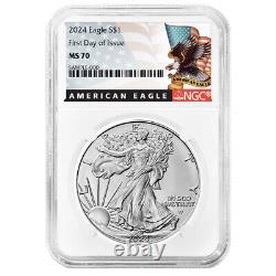 Ensemble de 3 pièces de l'Aigle en Argent Américain 2024 $1 NGC MS70 FDI Étiquette Noire Rouge Blanc Bleu