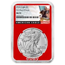 Ensemble de 3 pièces de l'Aigle en Argent Américain 2024 $1 NGC MS70 FDI Étiquette Noire Rouge Blanc Bleu