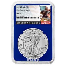 Ensemble de 3 pièces de l'Aigle en Argent Américain 2024 $1 NGC MS70 FDI Étiquette Noire Rouge Blanc Bleu