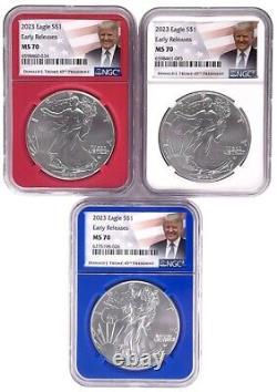 Ensemble de 3 pièces de monnaie Silver Eagle Red White Blue 2023 NGC MS70 ER avec étui d'affichage étiqueté Trump