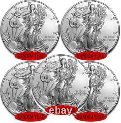 Ensemble de 5 pièces américaines Silver Eagle aléatoires d'1 oz. 999 argent fin $1 BU