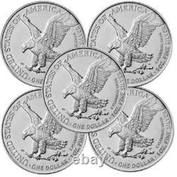 Ensemble de 5 pièces américaines Silver Eagle aléatoires d'1 oz. 999 argent fin $1 BU