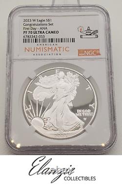 Ensemble de Félicitations du Premier Jour de l'American Silver Eagle Proof 2023-W ANA NGC PF70 UC