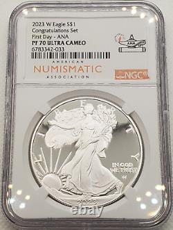 Ensemble de Félicitations du Premier Jour de l'American Silver Eagle Proof 2023-W ANA NGC PF70 UC