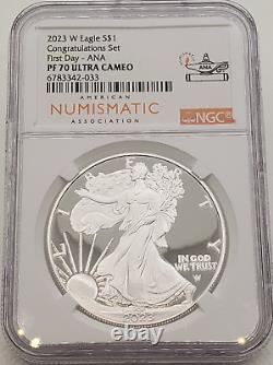 Ensemble de Félicitations du Premier Jour de l'American Silver Eagle Proof 2023-W ANA NGC PF70 UC