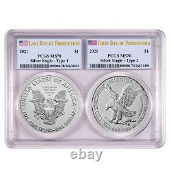 Ensemble de Silver Eagle T-1, T-2 de 2021 $1 1 oz PCGS MS70 Premier et Dernier Jour de Production