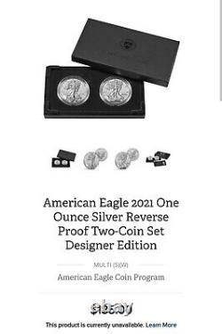 Ensemble de deux pièces d'argent American Eagle d'une once chacune, épreuve inversée, scellé à la menthe, 2021, avec emballage d'origine