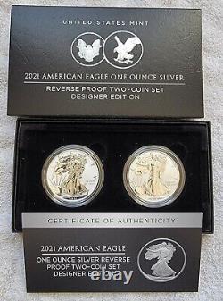 Ensemble de deux pièces de monnaie américaines American Eagle 2021 de 1 once en argent, épreuve inversée, de la Monnaie des États-Unis 2021