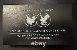 Ensemble de deux pièces de monnaie américaines 'American Eagle' d'une once en argent, édition designer, version inverse, de 2021.