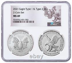 Ensemble de deux pièces de monnaie de 1 $ American Silver Eagle Type 1 et Type 2 NGC MS69 avec étiquette inversée de la marque 2.