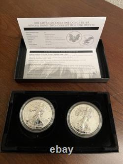 Ensemble de deux pièces en argent American Eagle 2021, finition Reverse Proof, édition Designer, avec emballage d’origine et certificat d’authenticité