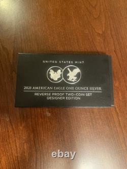 Ensemble de deux pièces en argent American Eagle 2021, finition Reverse Proof, édition Designer, avec emballage d’origine et certificat d’authenticité