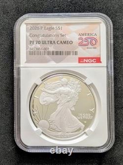 Ensemble de félicitations P 2026 Preuve Silver Eagle NGC PF 70 Drapeau 250