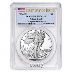 Ensemble de félicitations pour l'Aigle d'argent américain Proof $1 de 2024 PCGS PR70DCAM FDOI