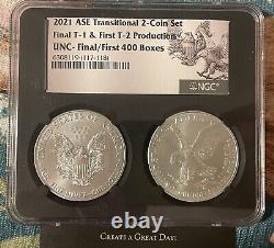 Ensemble de pièces de monnaie de l'aigle d'argent 2021 de transition 2 ? 1 $ NGC UNC Premier type final 1 & 2