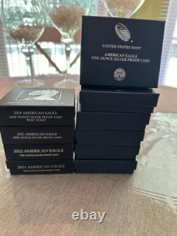 Ensemble de pièces en argent américain Silver Eagle Proof 2016-2024. OGP Type1&2 bord lettre 2016