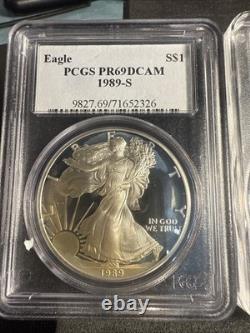 Ensemble de trois aigles en argent 1989 S, 2006, 2009 tous gradés MS 69 très beaux