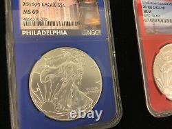 Ensemble de trois pièces d'argent American Eagle Mystery Mint $1 de 2016/2017 - Philadelphie et West Point