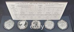 Ensemble du 25e anniversaire de 5 pièces Silver Eagle 2011 avec boîte et certificat d'authenticité, PR, Rev PR, S, W, P #X8