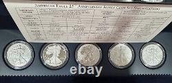 Ensemble du 25e anniversaire de 5 pièces Silver Eagle 2011 avec boîte et certificat d'authenticité, PR, Rev PR, S, W, P #X8