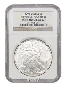 Erreur De La Monnaie 2005 Silver Eagle $1 Ngc Ms67 (obverse Struck Thru)