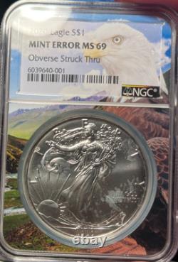 Erreur de Monnaie 2020 American Silver Eagle MS69 Obverse Struck Thru (Noyau Aigle)