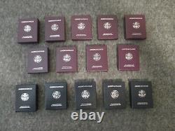 LOT-14 PIECES EN ARGENT PROOF AMERICAN EAGLE US MINT 1986-2000 - MANQUE 96/99 (2-90s)
