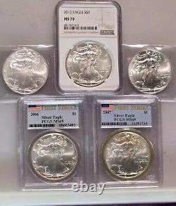 Lot 2006,07,10,12,15 American Silver Eagle Belles Pièces à Avoir