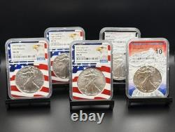Lot 5 Silver Eagle gradées 2020 MS70, 2021 MS70, 2021 MS70, 2022 MS70, 2023 10