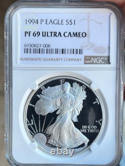 Lot (8) 1987, 88, 91, 94, 94, 94, 99, 00 American Silver Eagle NGC PF 69 Ultra Cameo