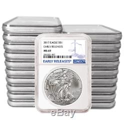 Lot De 100 2017 1 Dollar Américain Silver Eagle Ngc Ms69 Premières Versions Étiquette Bleue Er