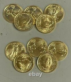 Lot De 10 Gold 2021 Gold 1/10 Oz American Eagle 5 $ Us Mint Type 2 Design Coins