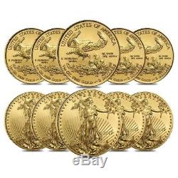 Lot De 10 Pièces D'or 2019 1/10 Oz American Eagle De 5 $ Bu