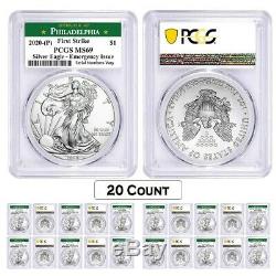 Lot De 20-2020 (p) 1 Oz Silver Eagle Pcgs Ms 69 Fs Problème Philadelphia Urgence