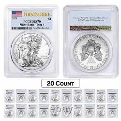 Lot De 20 2021 1 Oz Silver American Eagle $1 Coin Pcgs Ms 70 First Strike Flag